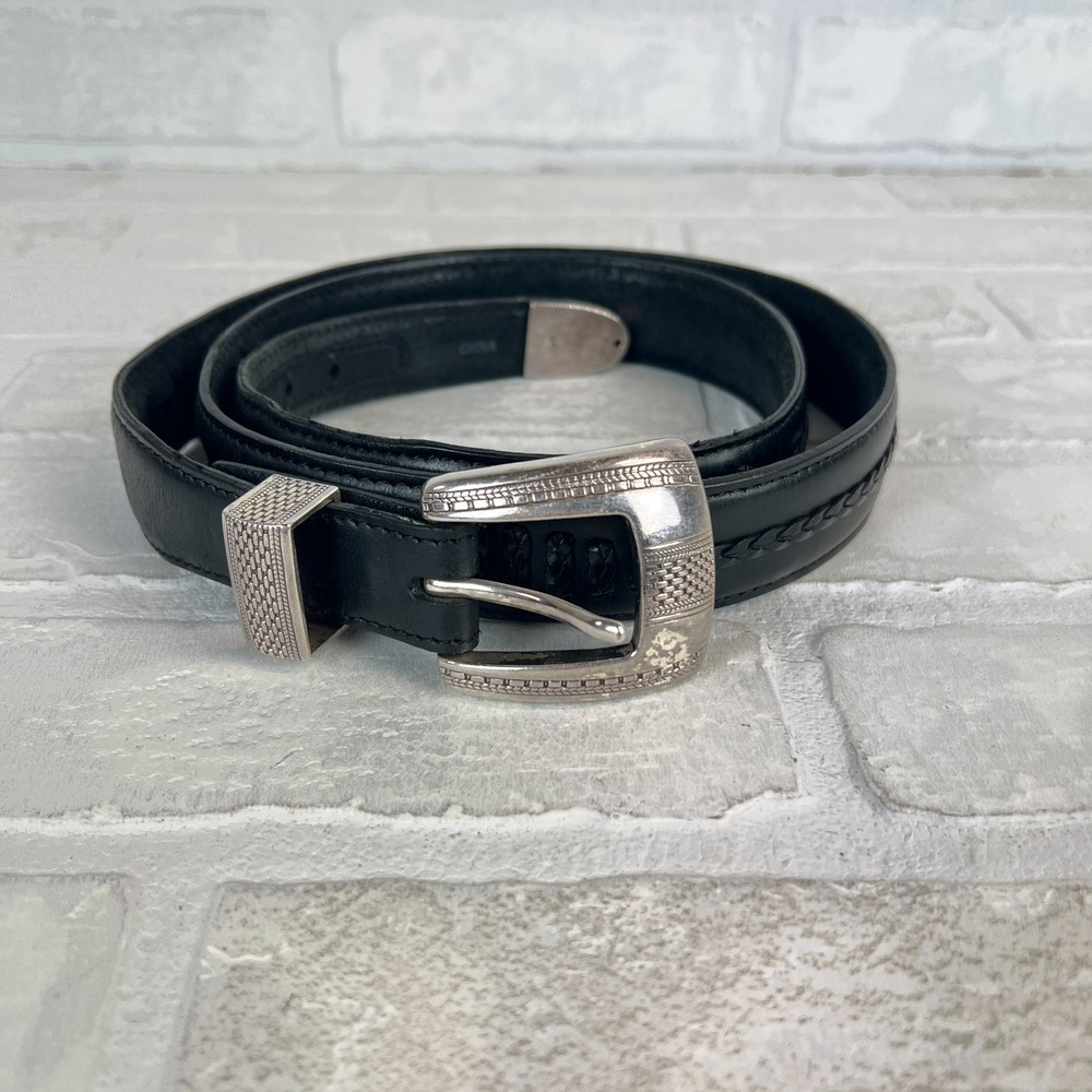 Brighton Onyx Belt Men 40 Black Leather Braided 74803 Silver Buckle 1993 Vintage